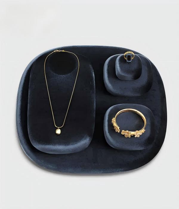 Custom Dark Navy Velvet Multi-Compartment Jewelry Display Tray for Necklace Ring Bracelet Boutique Visual Merchandising