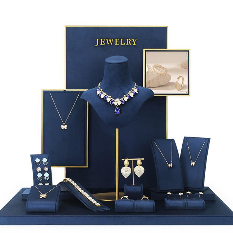 Custom Luxury Navy Blue Velvet Jewelry Display Set with Gold Accents